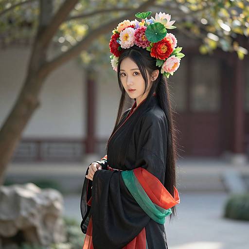 Photograph of an East Asian woman with long black hair, wearing a black kimono with red and green stripes, adorned with a vibrant flower crown,
