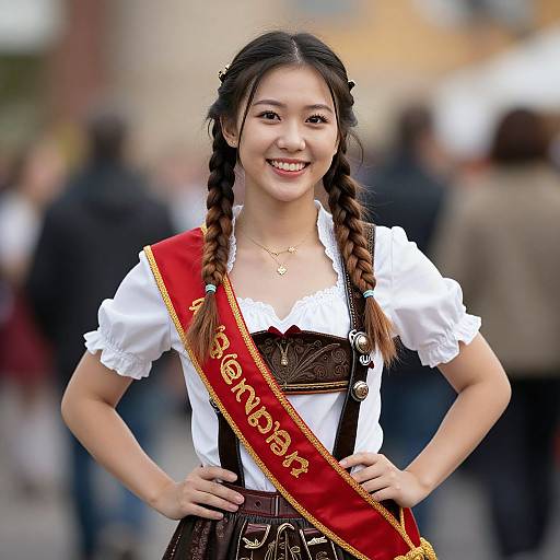 Photograph of a smiling Asian woman with braided hair, wearing a white blouse, brown dirndl, and red sash with 