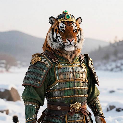 Majestic Tiger Warrior in Snowy Dawn
