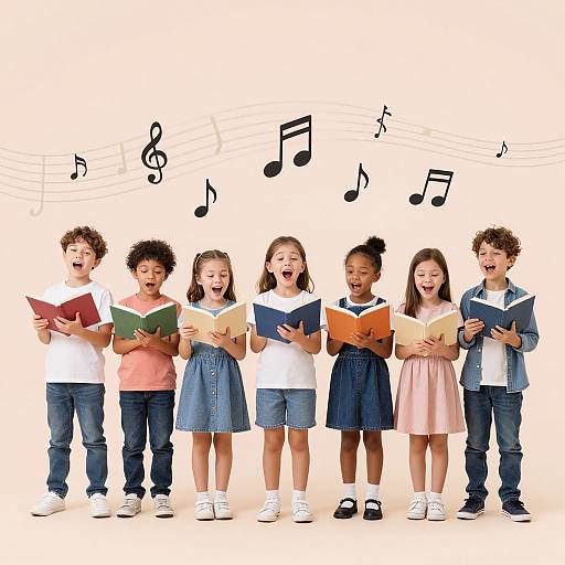Photograph of six diverse children singing, holding songbooks, with musical notes above, wearing casual clothes, standing against a white background.