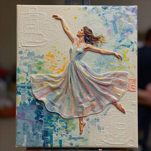Colorful, textured mixed-media painting of a woman in a flowing white dress, arms outstretched, against a vibrant, abstract background. Signed 