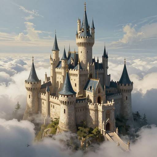 Photorealistic CGI of a majestic, stone castle with blue-tipped spires floating among fluffy clouds, bathed in sunlight.