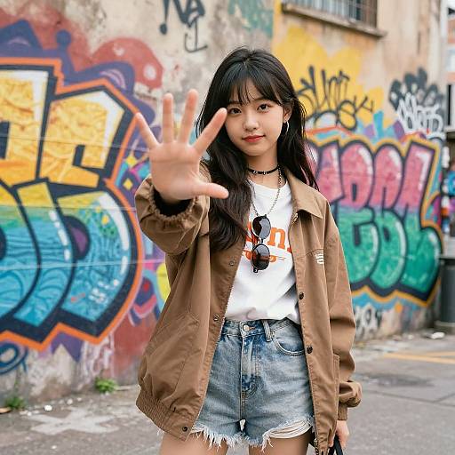 Asian teenage girl with long black hair, wearing a brown jacket, white tee, and denim shorts, waving in front of vibrant graffiti-covered wall. Photograph