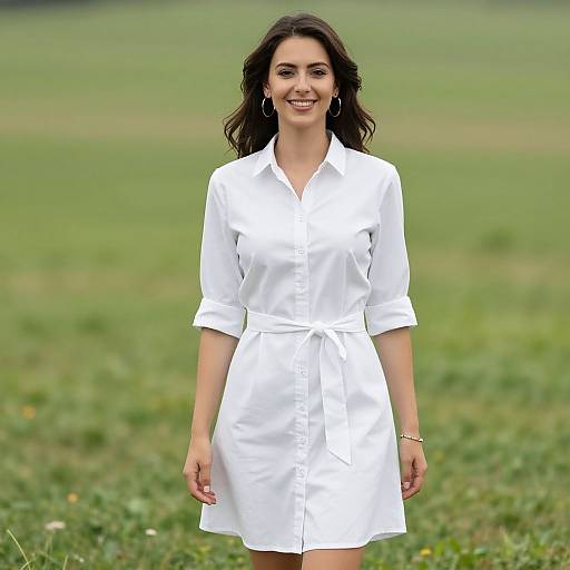 Photograph of a smiling woman with long dark hair, wearing a white belted dress, standing in a green, grassy field.
