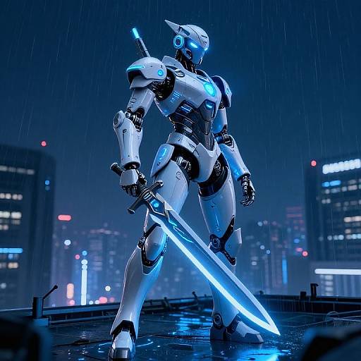CGI image of a glowing blue robotic warrior with a large sword, standing on a rainy rooftop at night, surrounded by neon-lit city skyscrap
