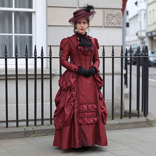 Woman in Victorian Style Red Dress and Hat