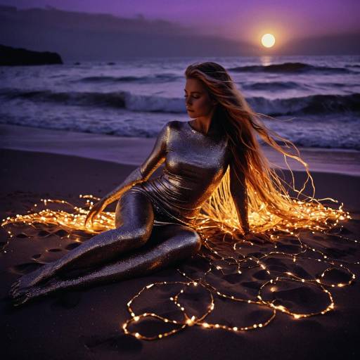 Ethereal Woman on Beach with Lights at Sunset