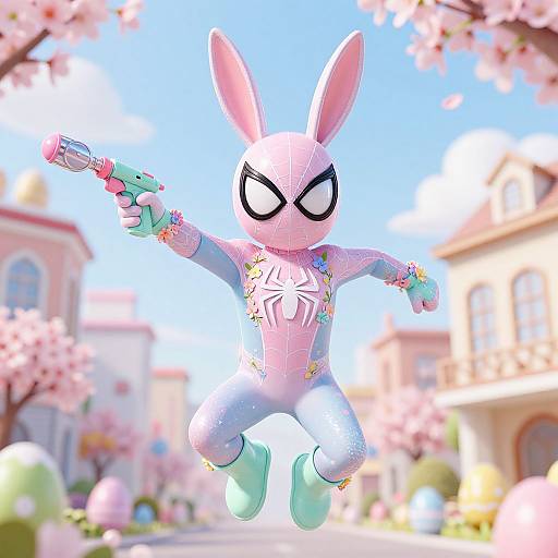 CGI image of a bunny superhero in a pink, patterned suit with a white spider emblem, holding a colorful water gun, jumping in a sunny