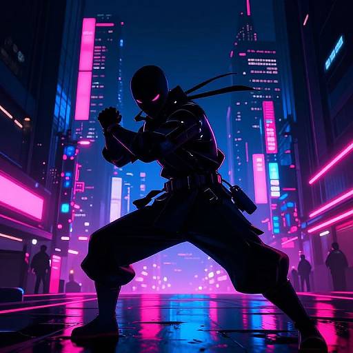Neon-lit cyber city: Silhouetted ninja in dynamic pose, glowing pink and blue lights, futuristic skyscrapers, reflective wet ground