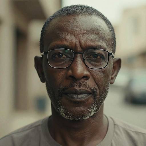 Photograph of an elderly African man with short gray hair, black-framed glasses, and gray beard, wearing a beige shirt, standing in a blurred
