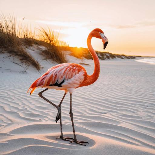 Flamingo on Sandy Beach at Sunset
