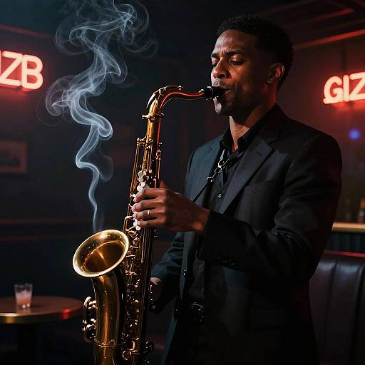 Photograph of a Black male saxophonist in a black suit, playing with smoke curling from the sax, neon signs in background.