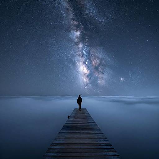 Silhouetted figure standing on wooden dock, gazing at mesmerizing Milky Way galaxy above a misty, star-filled night sky. Digital artwork