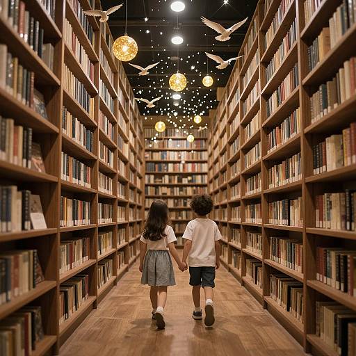 Photograph of a library aisle with wooden bookshelves, holding hands, a girl in a blue dress, and a boy in a white shirt,