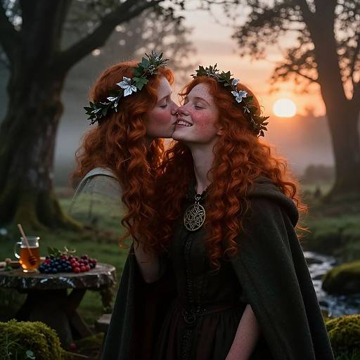 Photograph of two red-haired women with curly hair, wearing leaf crowns, sharing a kiss in a misty forest at sunset. One wears a