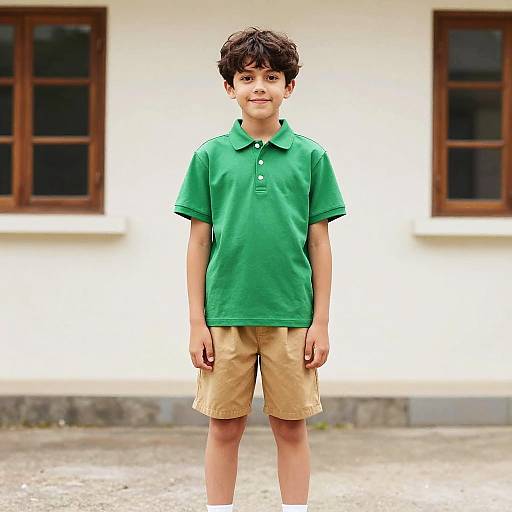 Boy in Green Shirt and Tan Shorts Outdoors