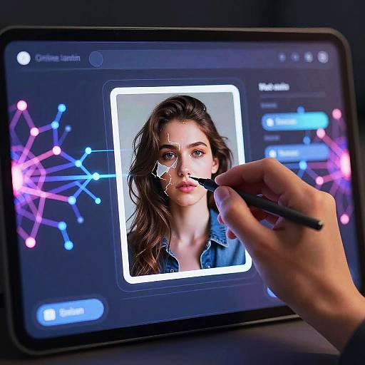 Photograph of a hand using a stylus to edit a digital portrait of a young woman with long brown hair on a tablet screen with vibrant neon interface