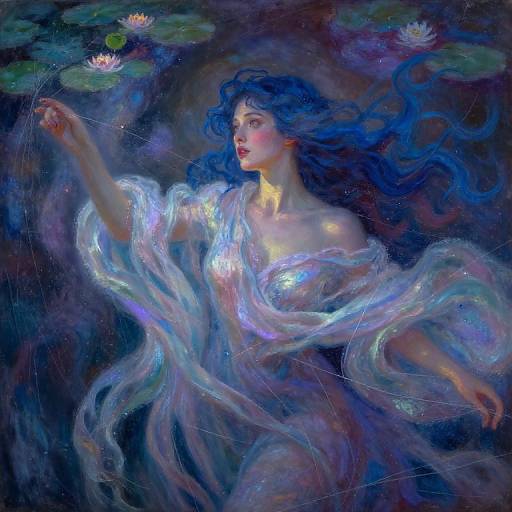 Digital painting of a beautiful, blue-haired woman with glowing, translucent dress, floating in dark water, reaching for lily pads with pink lotus flowers