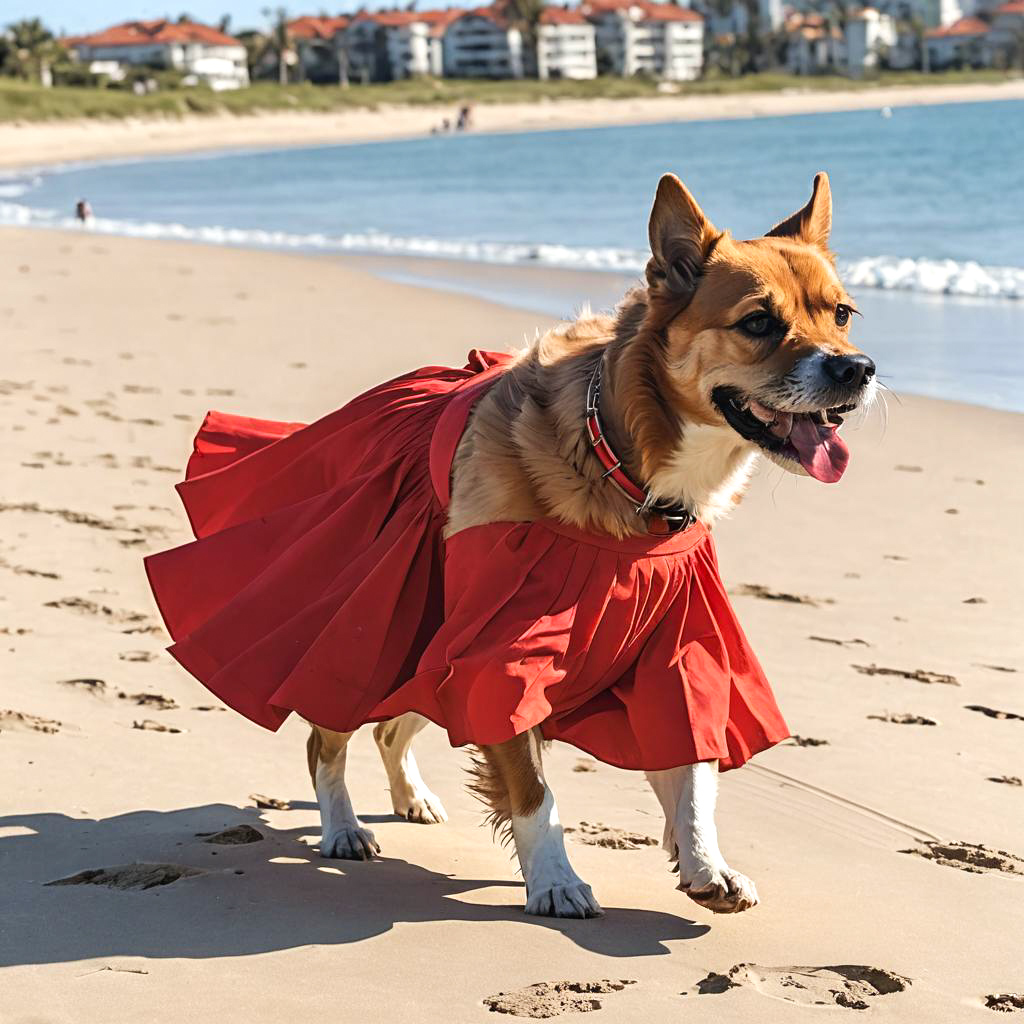 Playful Dog in Skirt on Sunny Beach