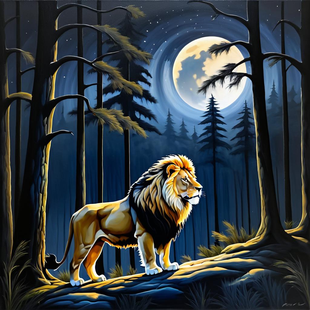 Dramatic Lion Under Moonlit Forest