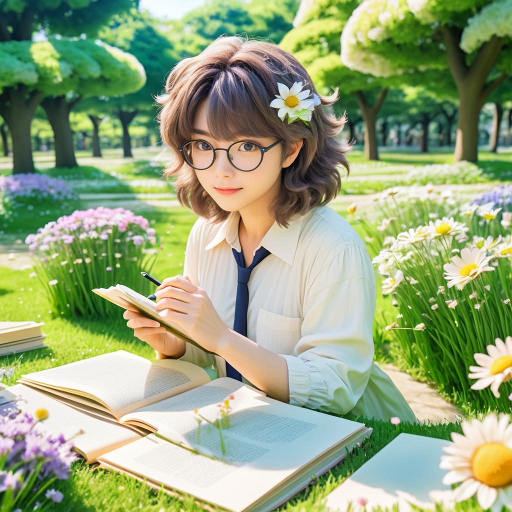 Whimsical Writer in a Blooming Park