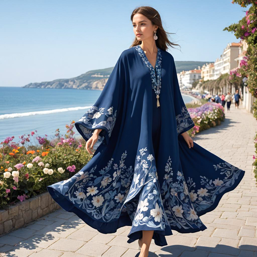 Elegant Dancer in Floral Poncho by Sea