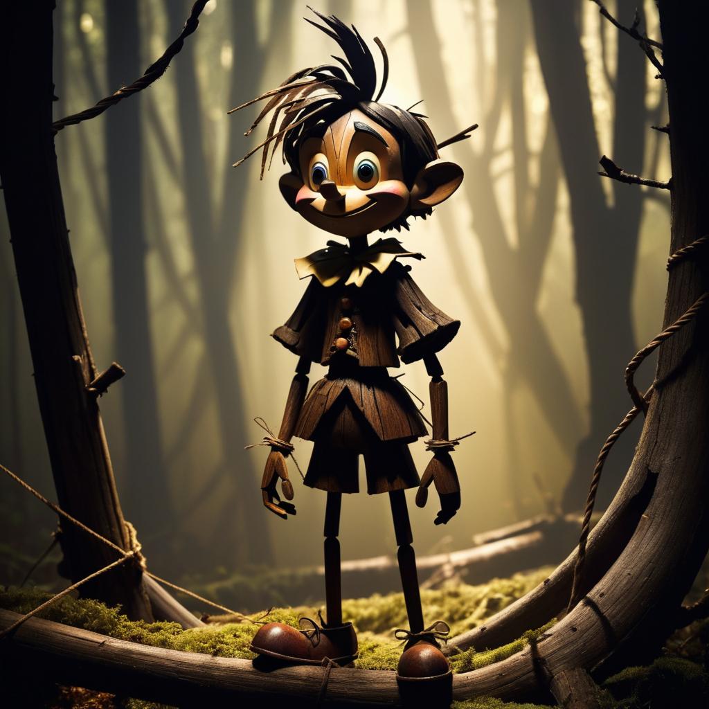 Sinister Pinocchio in a Shadowy Forest