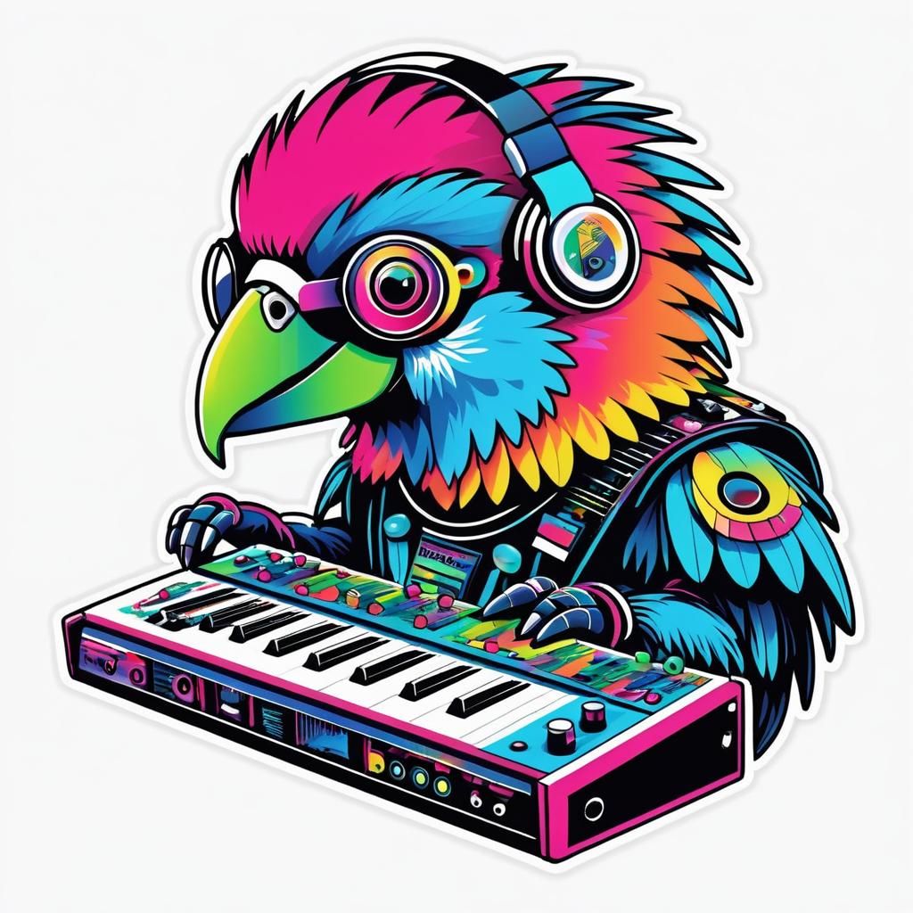 Cyborg Parrot in Retro Synthpop Style