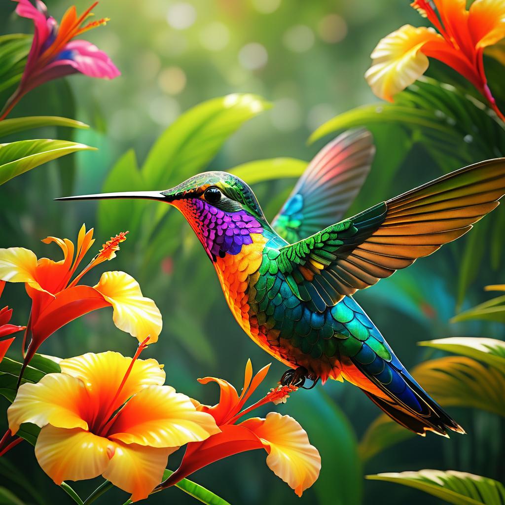 Vibrant Hummingbird Among Tropical Flowers