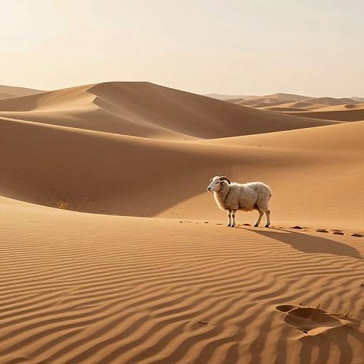 Solitary Sheep on Golden Desert Dunes