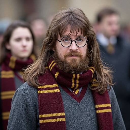 Photograph of a bearded man with long brown hair, glasses, wearing a grey sweater and maroon scarf with yellow stripes, standing in a blurred