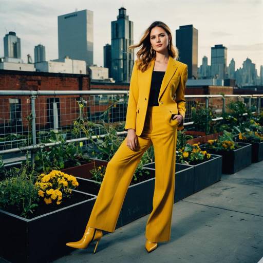 Woman in Mustard Yellow Suit on Rooftop Garden