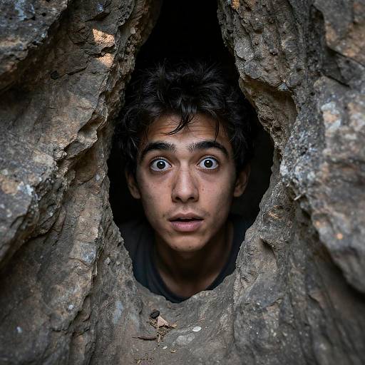Young Man Surprised in Rocky Crevice