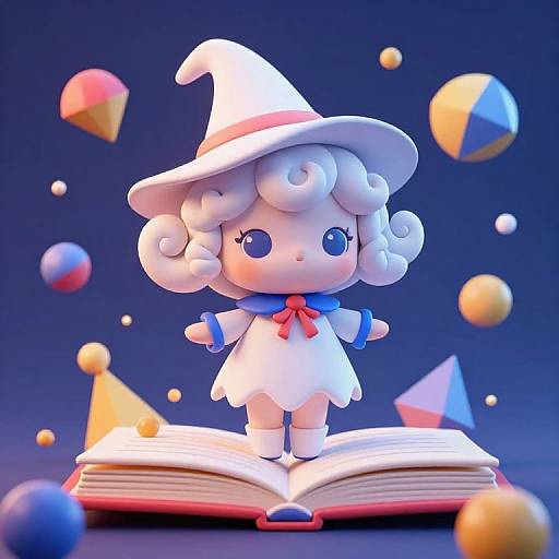 CGI image of a cute, white, curly-haired, blue-eyed witch doll with a white hat, standing on an open book, surrounded by colorful