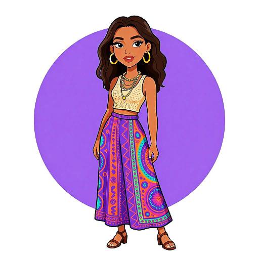 Digital illustration of a dark-haired woman with hoop earrings, wearing a white tank top and colorful, patterned maxi skirt, standing against a purple circle background