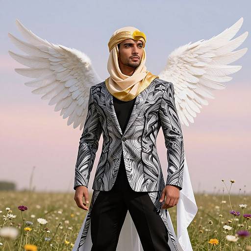 Photorealistic image of a young Middle Eastern man with white angel wings, wearing a black and white patterned suit, beige headscarf, and