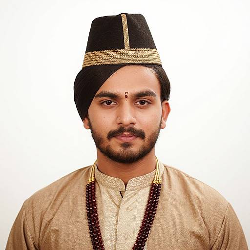 Photograph of a bearded South Asian man with medium skin tone, wearing a black turban with gold band, beige kurta, and maroon
