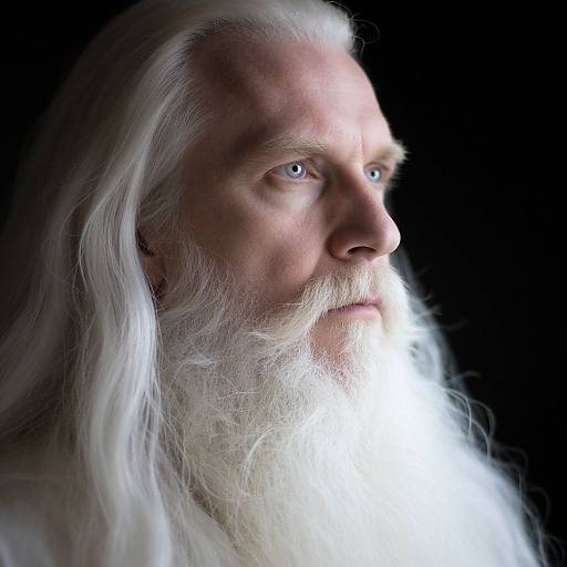 Photograph of a wise, elderly man with long, white hair and a flowing beard, illuminated from the side against a black background. His blue eyes