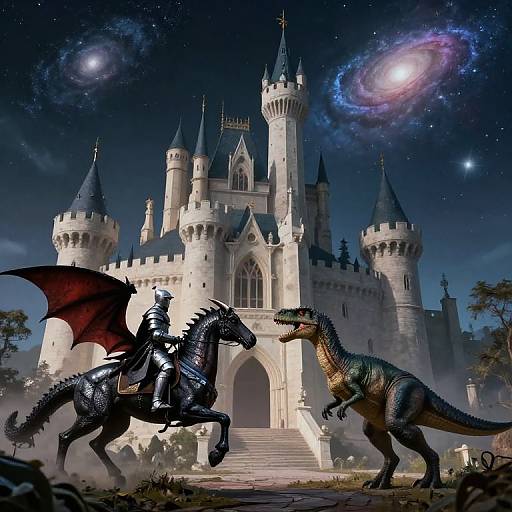 Knight vs Dinosaur Beneath Galactic Castle