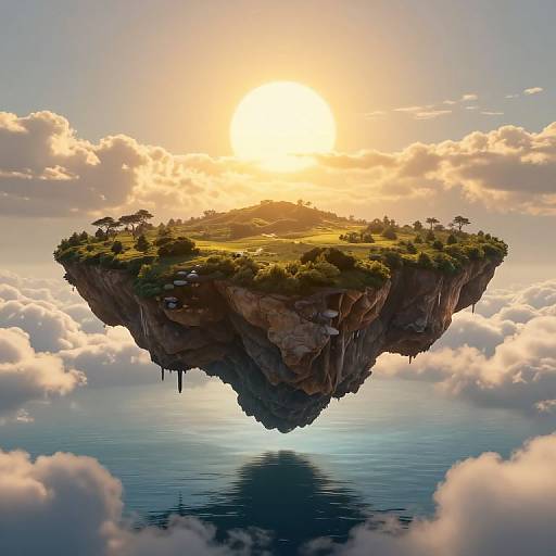 Photorealistic CGI of a floating island with lush greenery, tall trees, and a rocky base, set against a bright sunset and fluffy clouds,