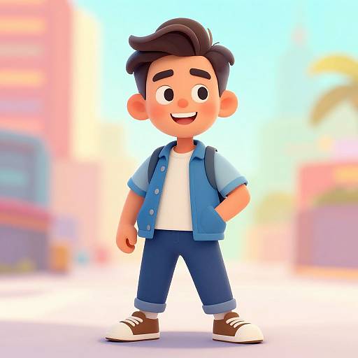 CGI cartoon of a smiling young boy with dark hair, wearing a blue shirt, white tee, blue pants, and brown sneakers, standing in a