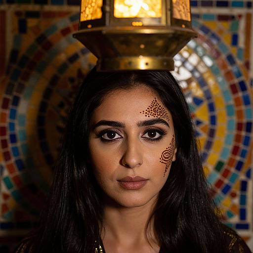 Photograph of a woman with dark hair and olive skin, adorned with intricate henna designs on her right cheek, illuminated by a lantern, against a