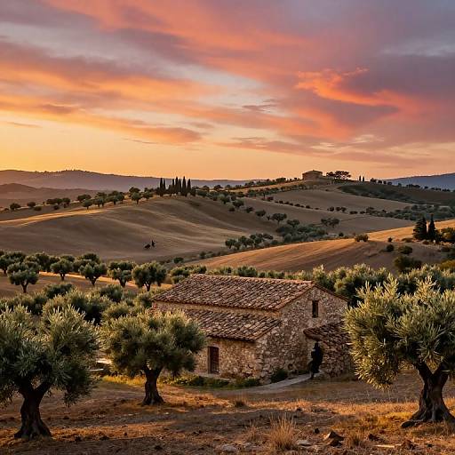 Photograph of a rustic stone house in a sunlit olive grove during a vibrant sunset, with rolling hills and a colorful sky.