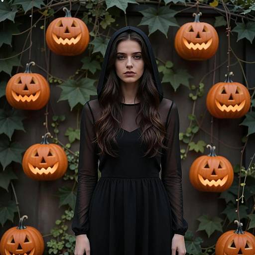 Young Woman in Black Halloween Costume with Jack-o'-Lanterns