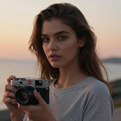 Photograph of a young woman with long brown hair, wearing a gray shirt, holding a vintage camera, against a sunset beach backdrop.