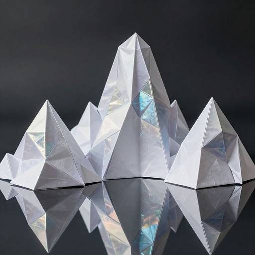 Photograph of a cluster of clear, triangular crystal prisms with iridescent reflections, set against a dark background, reflecting on a glossy black surface