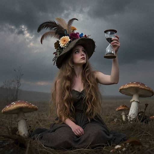 Fantasy photograph of a young woman with long brown hair, wearing a black dress and feathered hat, holding a glass flask, seated among large mushrooms