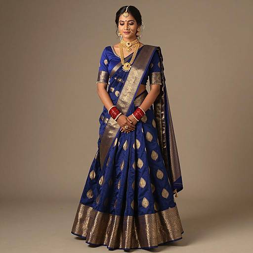 Elegant Indian Woman in Blue Brocade Attire