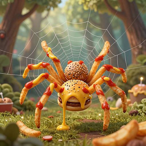 Digital artwork of a vibrant yellow-orange spider with red spots and dripping cheese, on a detailed spiderweb in a sunny forest.