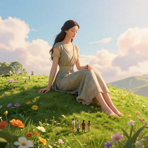 Giantess on Lush Hill with Tiny People